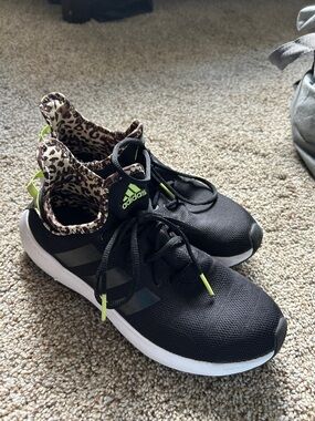 adidas Black Athletic Sneakers with Leopard-Print Collar and Neon Trim